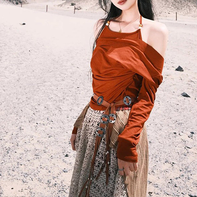 Women's Ethnic-Inspired Top and Plaid Maxi Skirt Set