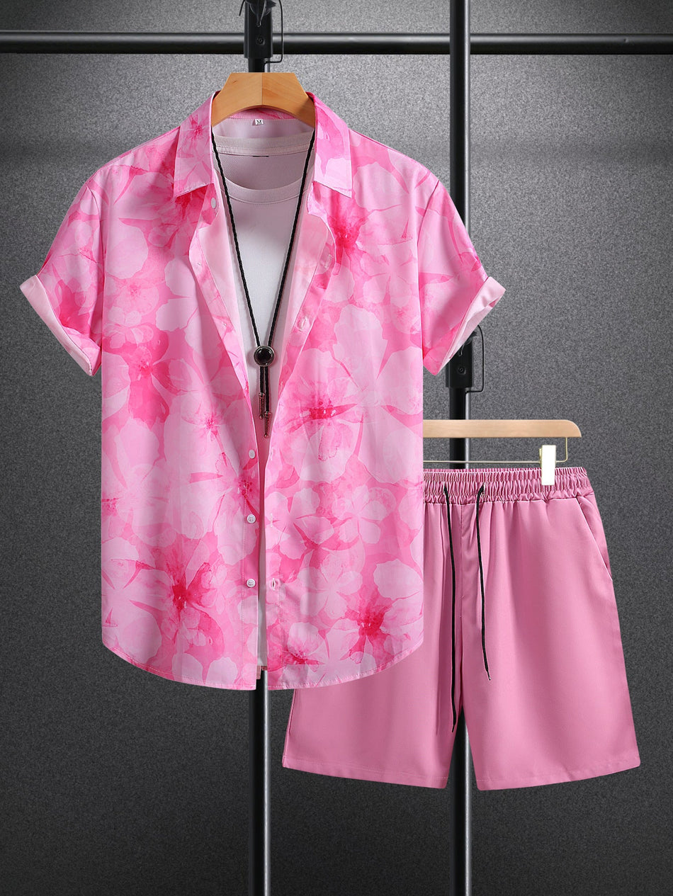 Men's Pink Floral Print Shirt and Shorts Summer Two-Piece Set