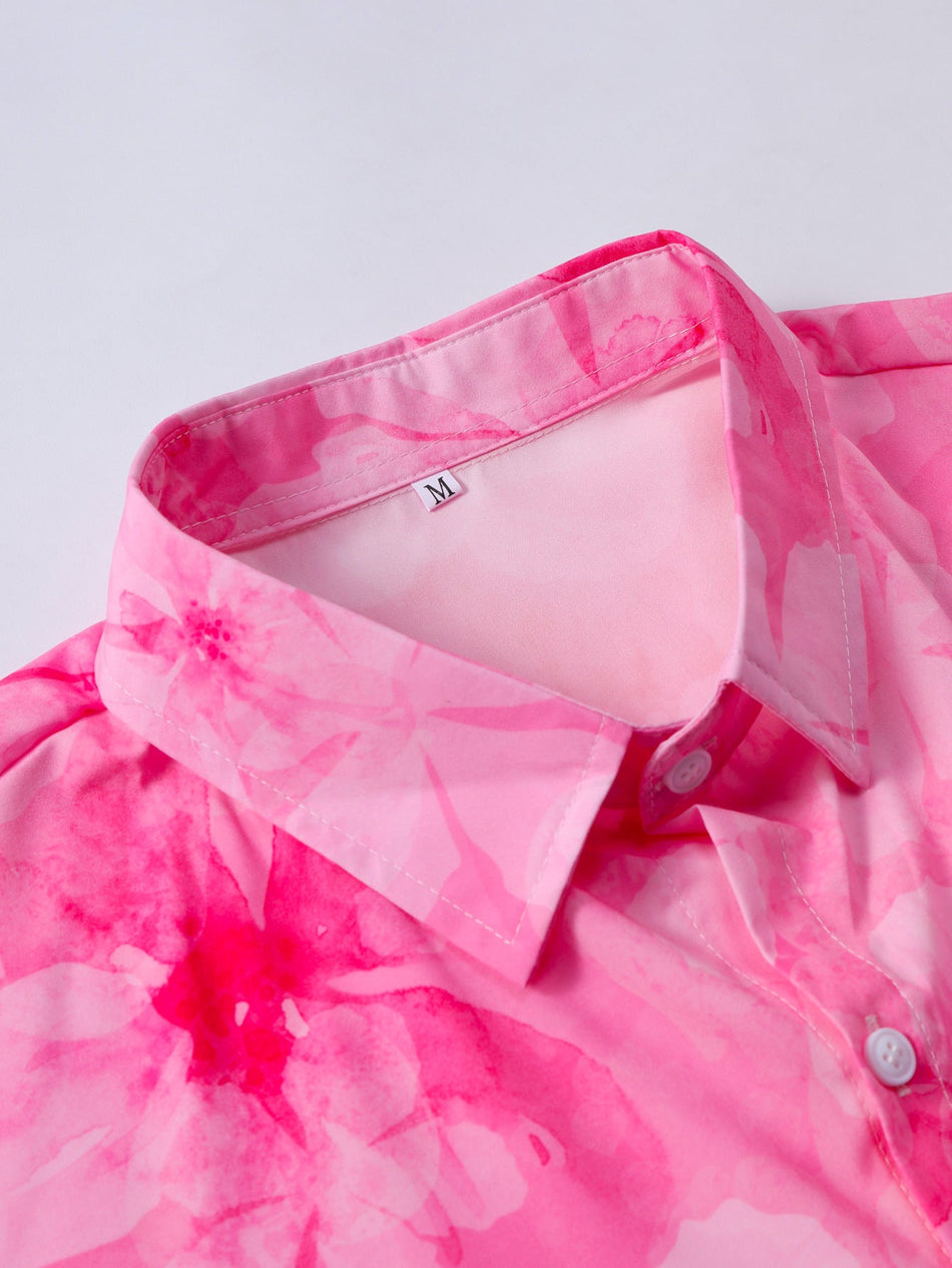 Men's Pink Floral Print Shirt and Shorts Summer Two-Piece Set