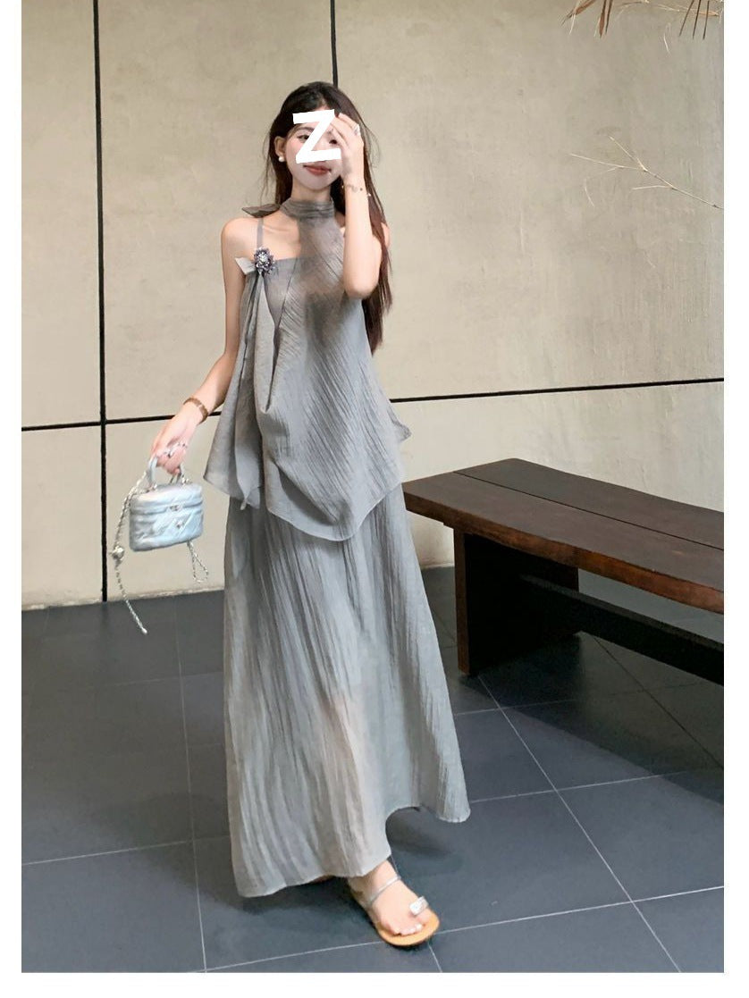 Women's Halter Neck Top and A-Line Midi Skirt Set