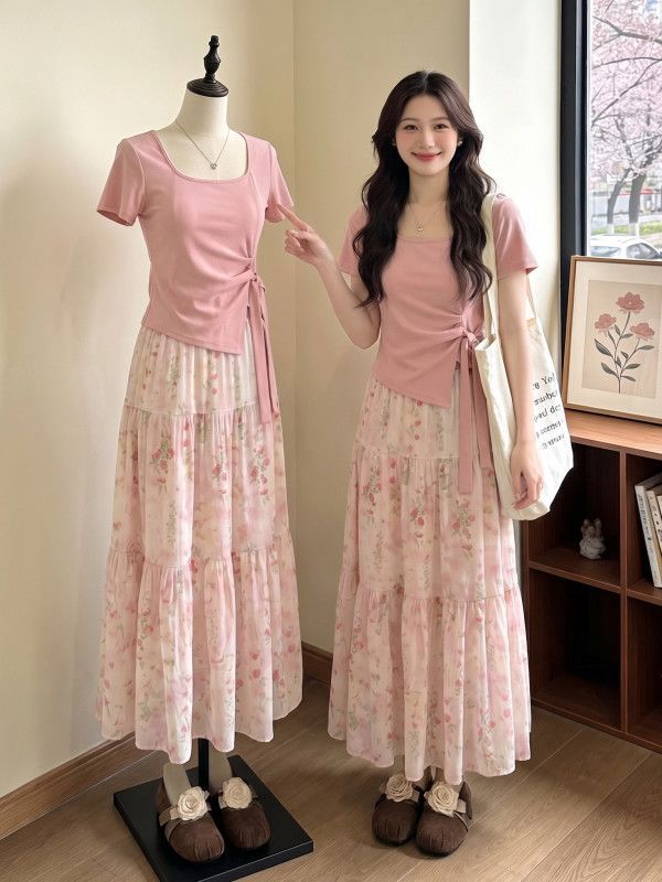 Women's Plus Size Square Neck Floral Dress Two-Piece Set