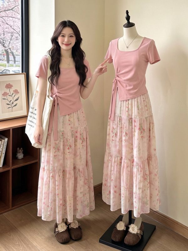 Women's Plus Size Square Neck Floral Dress Two-Piece Set