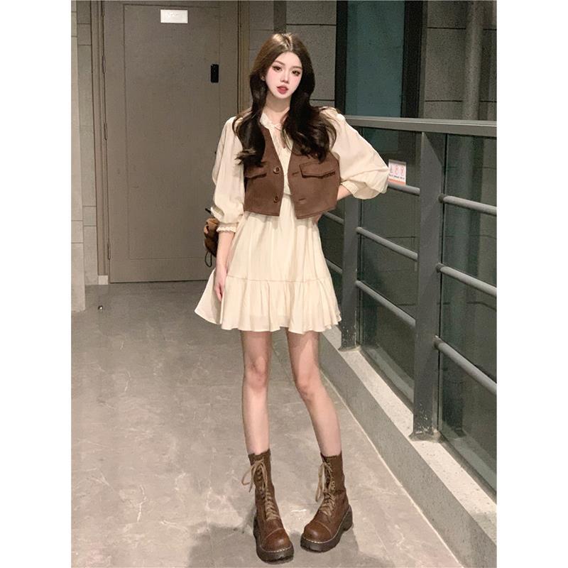 Women's Retro Layered Vest and Long Sleeve Dress Set
