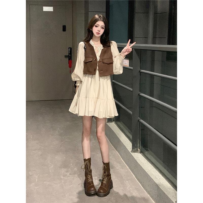 Women's Retro Layered Vest and Long Sleeve Dress Set