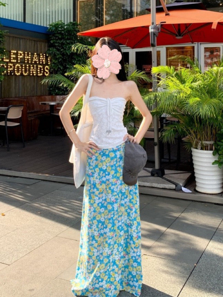 Women's Drawstring Tube Top and Floral Maxi Skirt Set