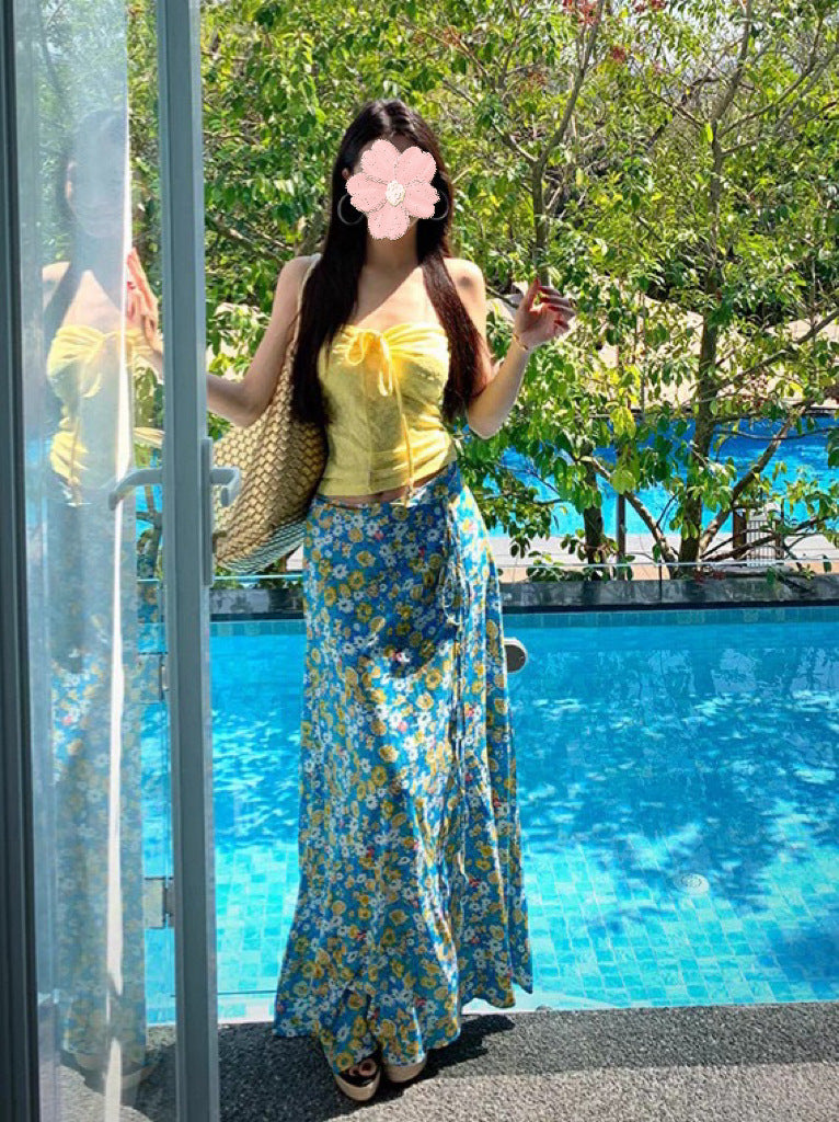 Women's Drawstring Tube Top and Floral Maxi Skirt Set