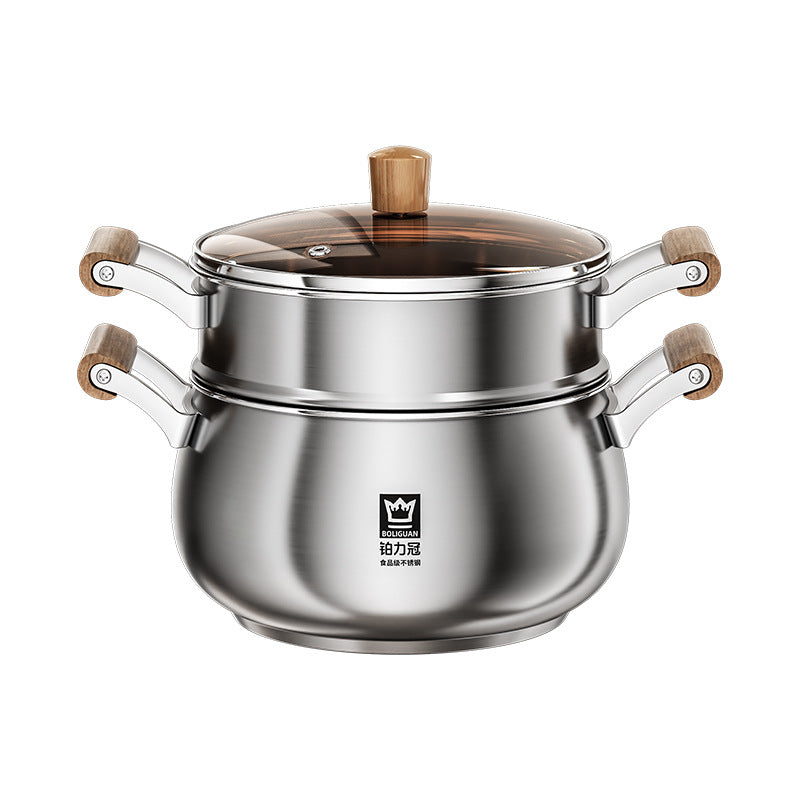 Stainless Steel Steamer Pot with Wooden Handle, Multi-Size
