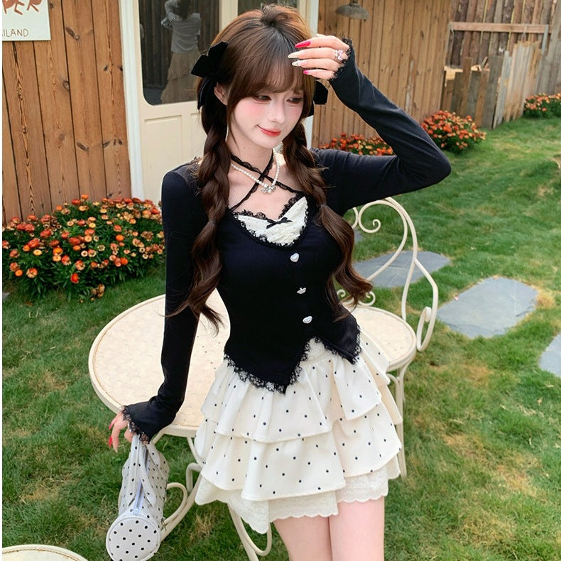 Women's Lace Knit Top and Polka Dot Mini Dress Set