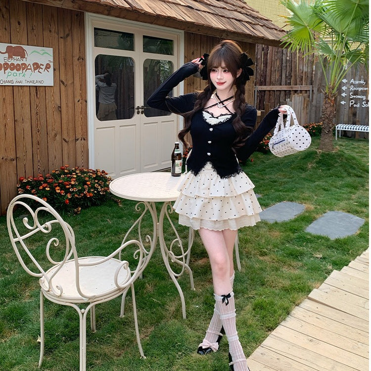 Women's Lace Knit Top and Polka Dot Mini Dress Set