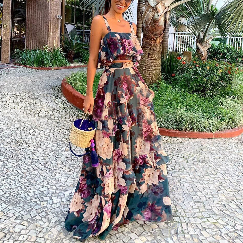 Women's Printed Camisole and Ruffle Maxi Skirt Set