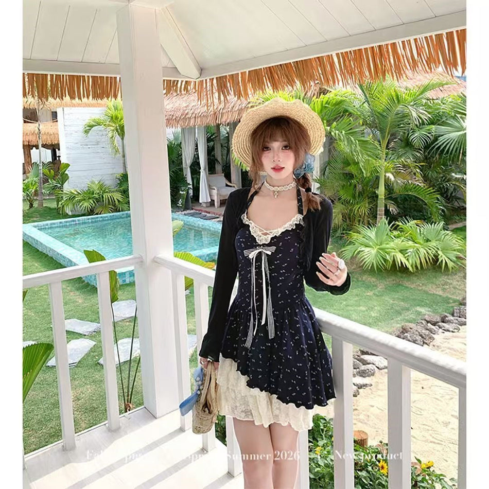 Women's Floral Halter Dress and Cardigan Two-Piece Set