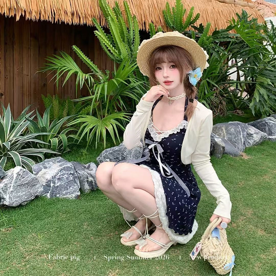 Women's Floral Halter Dress and Cardigan Two-Piece Set