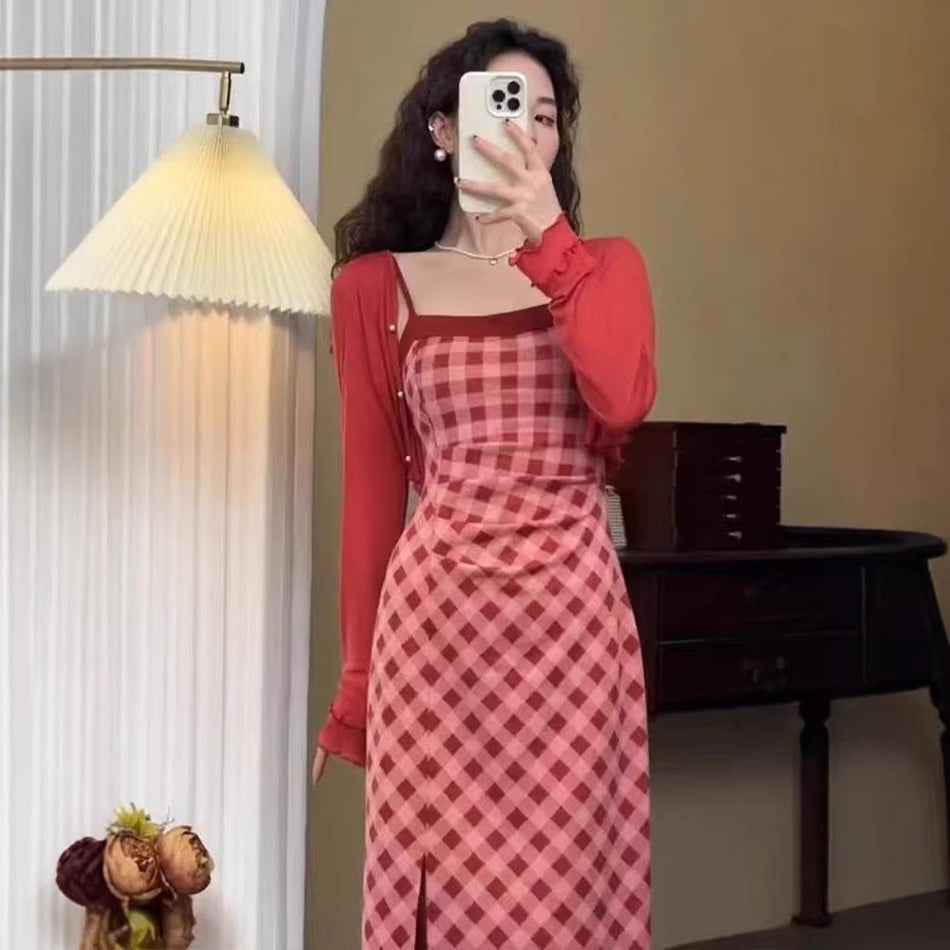 Women's Red Plaid Suspender Dress and Cardigan Set