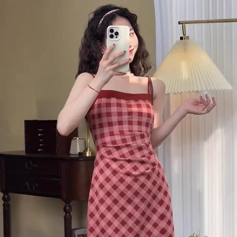 Women's Red Plaid Suspender Dress and Cardigan Set