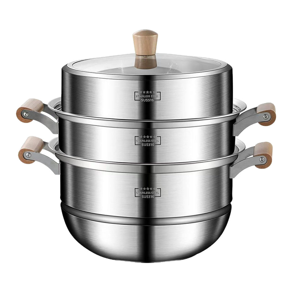 316 Stainless Steel Wooden Handle Multi-Layer Steamer