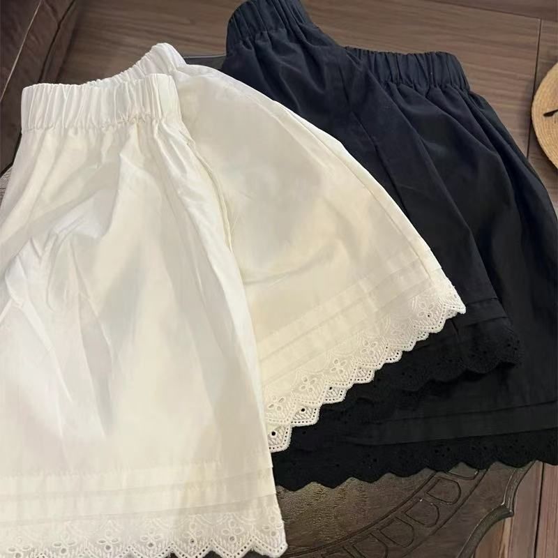 Women's High-Waist Lace Trim Wide-Leg Casual Shorts