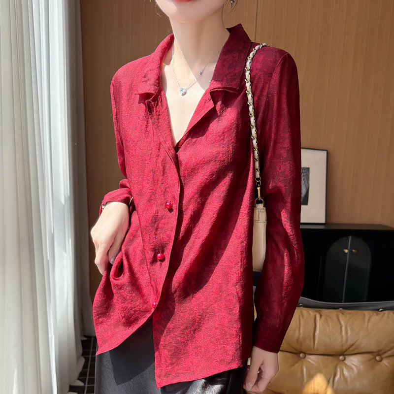 Women's Embossed Rayon Casual Long Sleeve Loose Fit Shirt