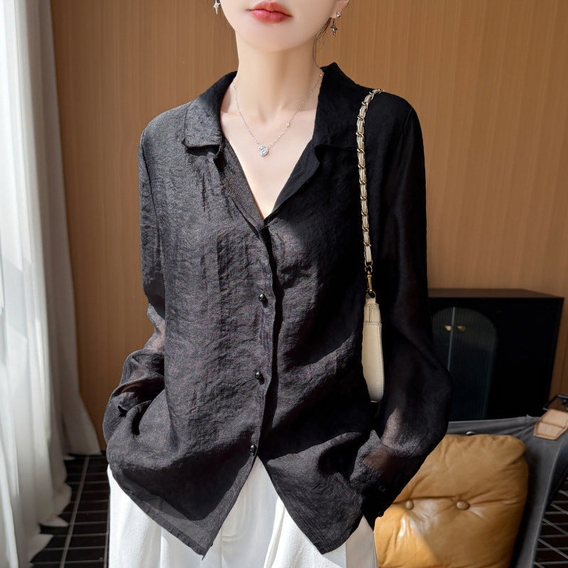 Women's Embossed Rayon Casual Long Sleeve Loose Fit Shirt