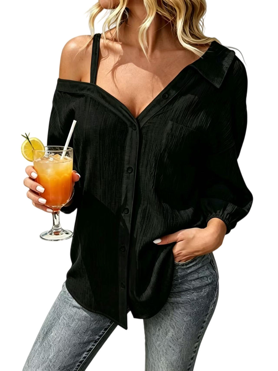 Women's Open Shoulder Textured Single-Breasted Casual Shirt