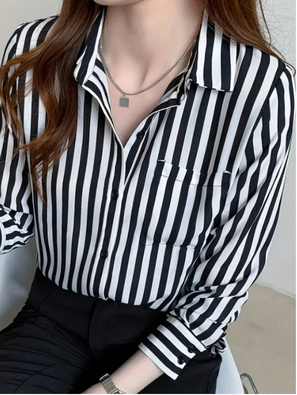 Women's Striped Long Sleeve Pocket Casual Office Shirt Top
