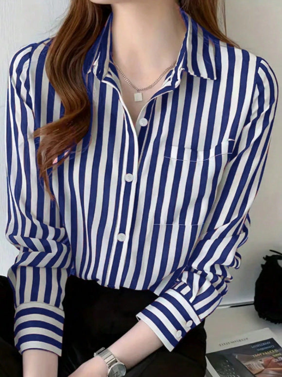 Women's Striped Long Sleeve Pocket Casual Office Shirt Top