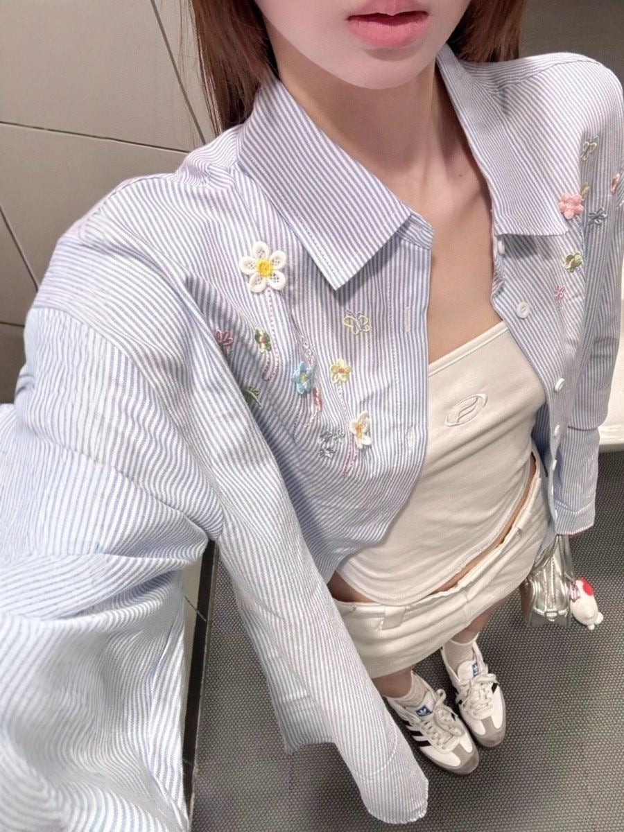 Women's Embroidered Striped Polo Collar Loose Casual Shirt