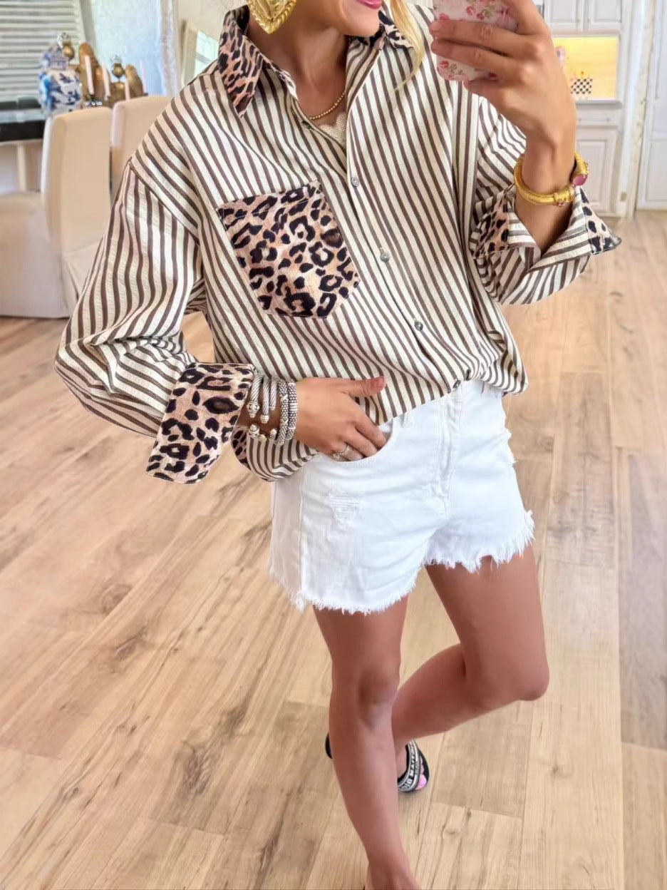 Women's Leopard Patchwork Striped Long Sleeve Cardigan Shirt