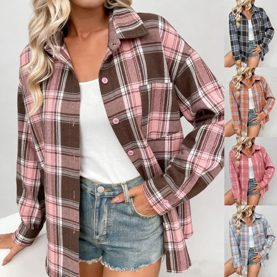Women's Plaid Long Sleeve Shirt Jacket in Retro Casual Style