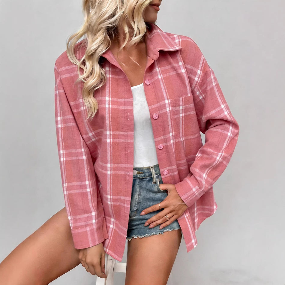 Women's Plaid Long Sleeve Shirt Jacket in Retro Casual Style