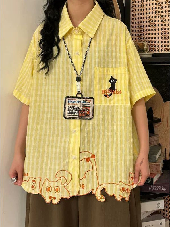Women's Kitten Embroidered Plaid Polo Collar Short Sleeve Shirt