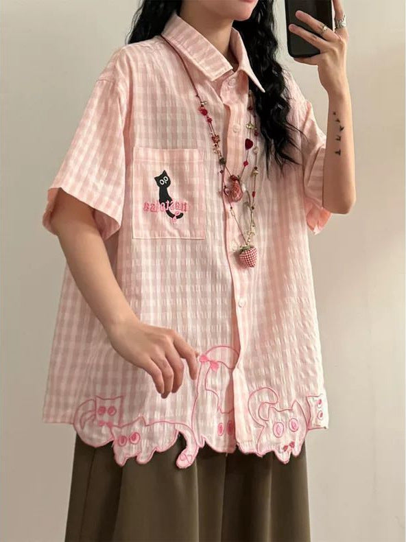 Women's Kitten Embroidered Plaid Polo Collar Short Sleeve Shirt