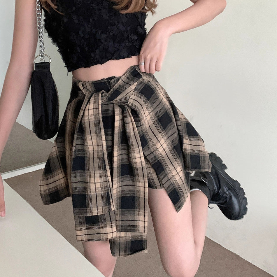 Women's Black Plaid Irregular A-Line Culotte Skirt Shorts
