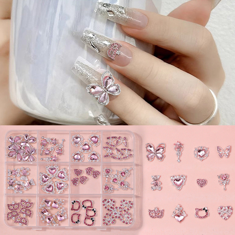 12-Piece Pink Nail Charms Set with Heart, Crown & Saturn