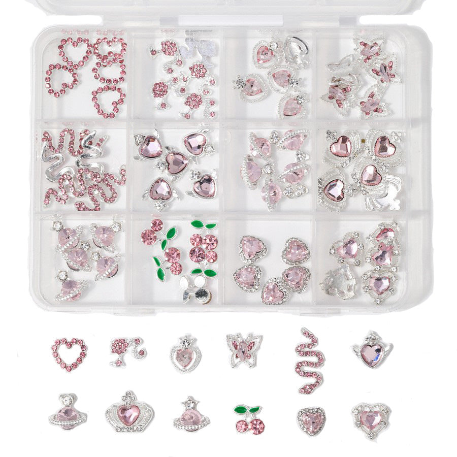 12-Piece Pink Nail Charms Set with Heart, Crown & Saturn