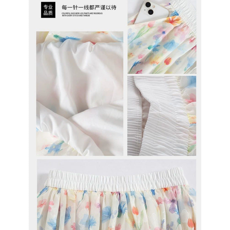 Women's Floral High Waist Ice Silk Wide Leg Culotte Shorts