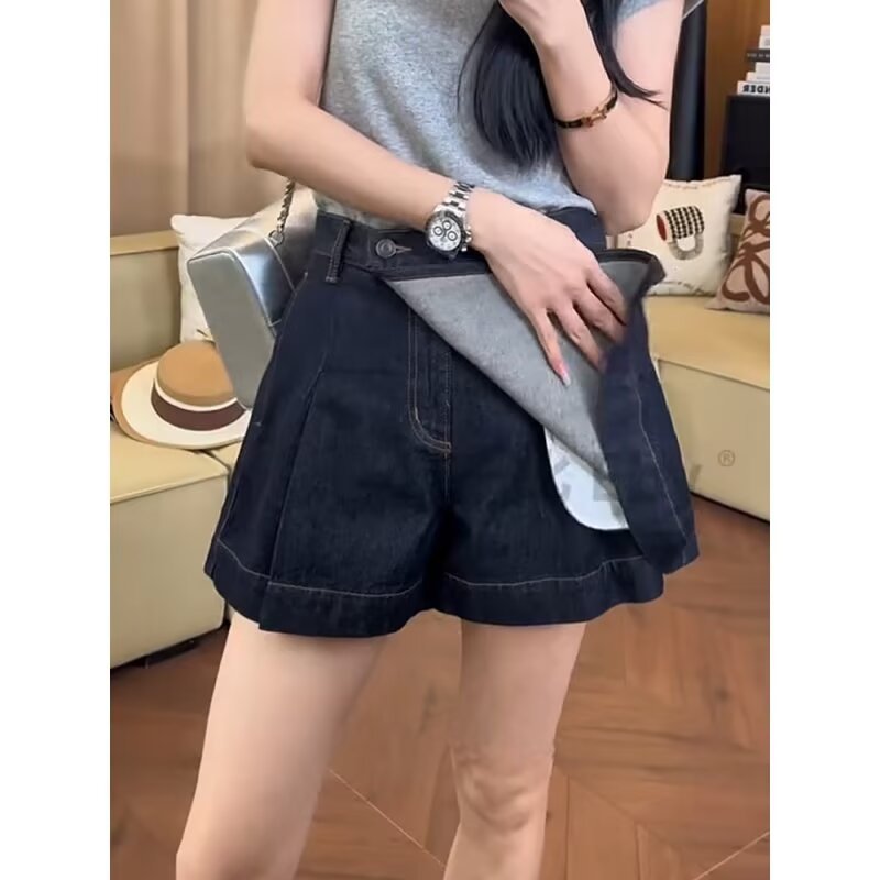 Women's High Waist Stretch Denim Wide Leg A-Line Shorts