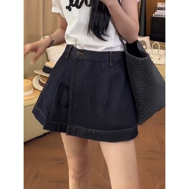 Women's High Waist Stretch Denim Wide Leg A-Line Shorts