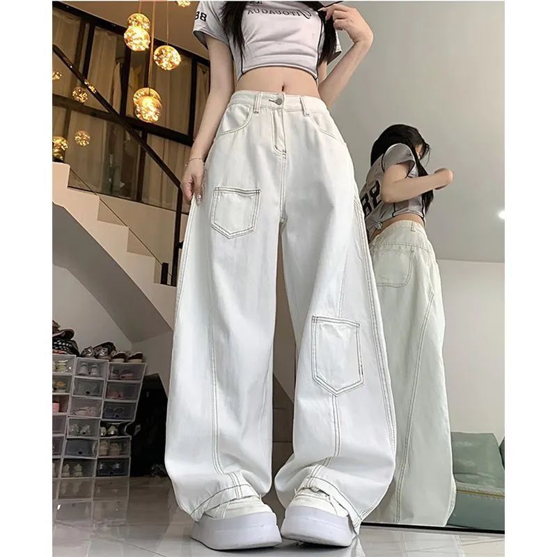 Women's Retro White Deconstructed Wide Leg Jeans