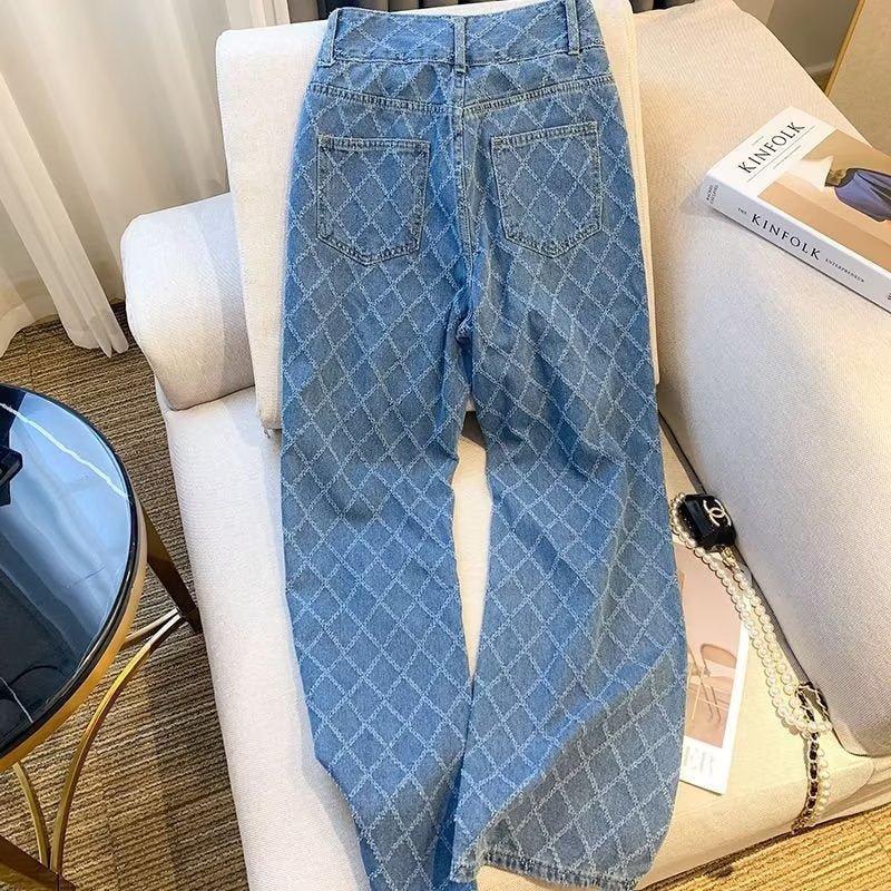 Women's Plus Size High Waist Plaid Straight Leg Casual Jeans
