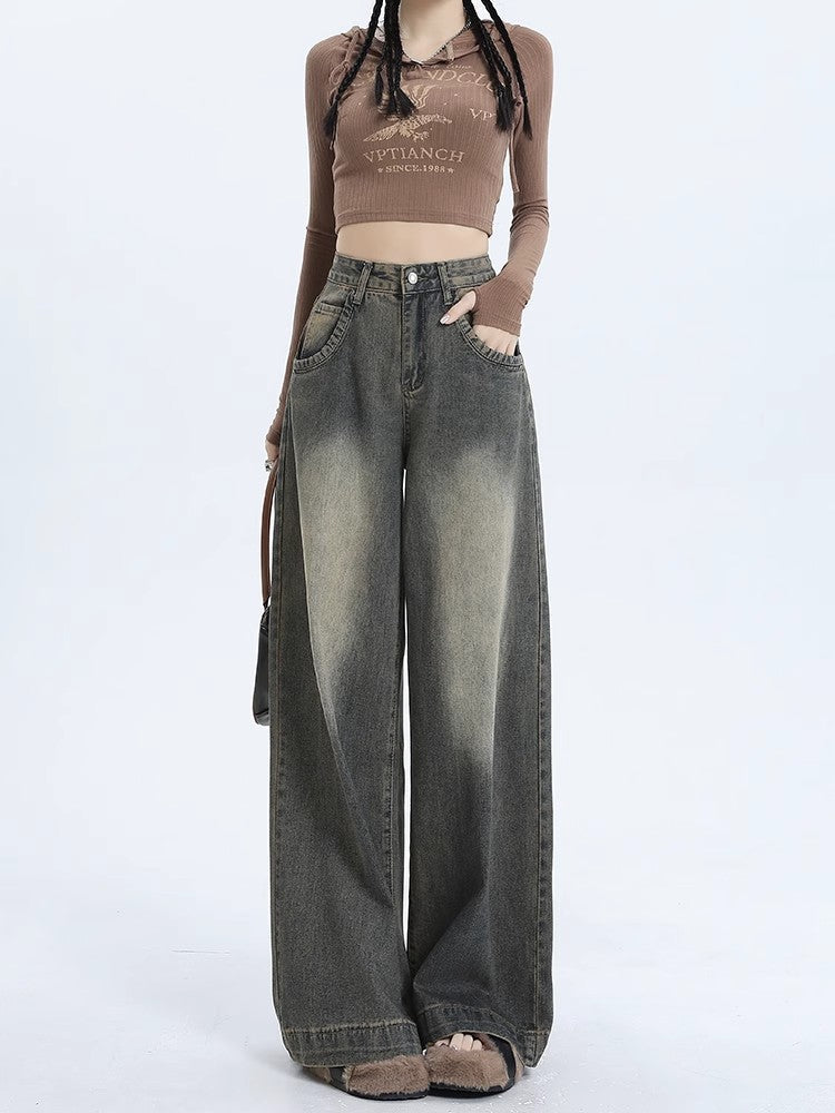 Women's Retro Washed High Waist Wide Leg Jeans