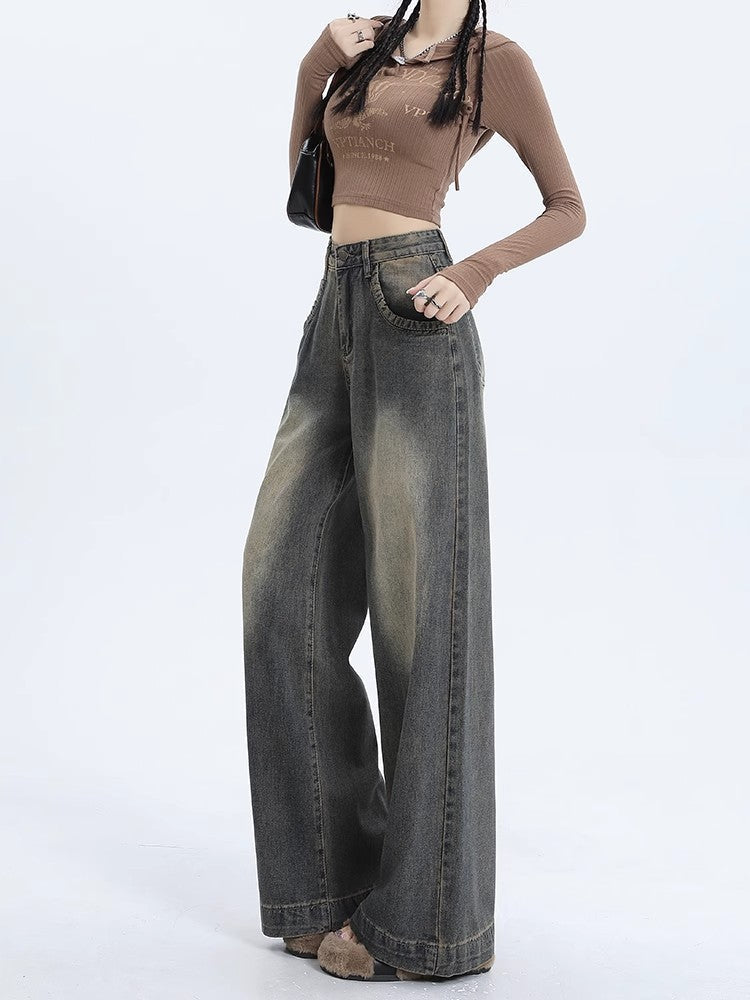 Women's Retro Washed High Waist Wide Leg Jeans