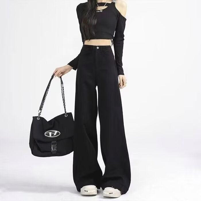 Women's Black Elastic High Waist Wide Leg Jeans