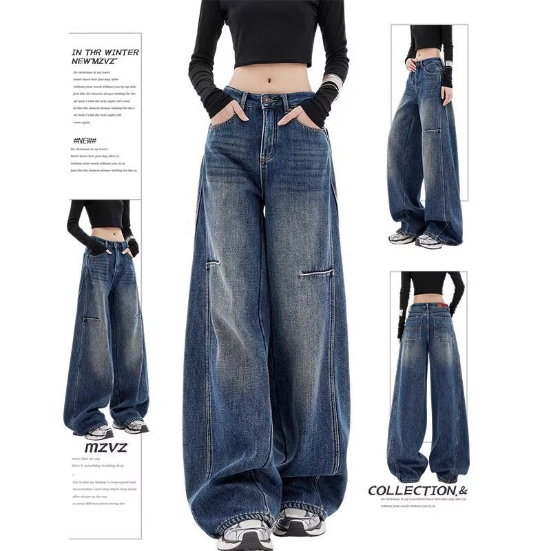 Women's Retro Ripped Wide Leg Floor Length Jeans