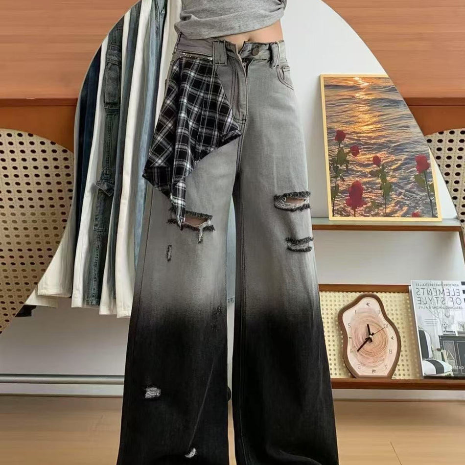 Women's High Waist Gradient Ripped Wide Leg Jeans