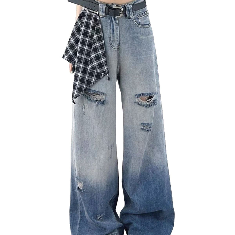 Women's High Waist Gradient Ripped Wide Leg Jeans