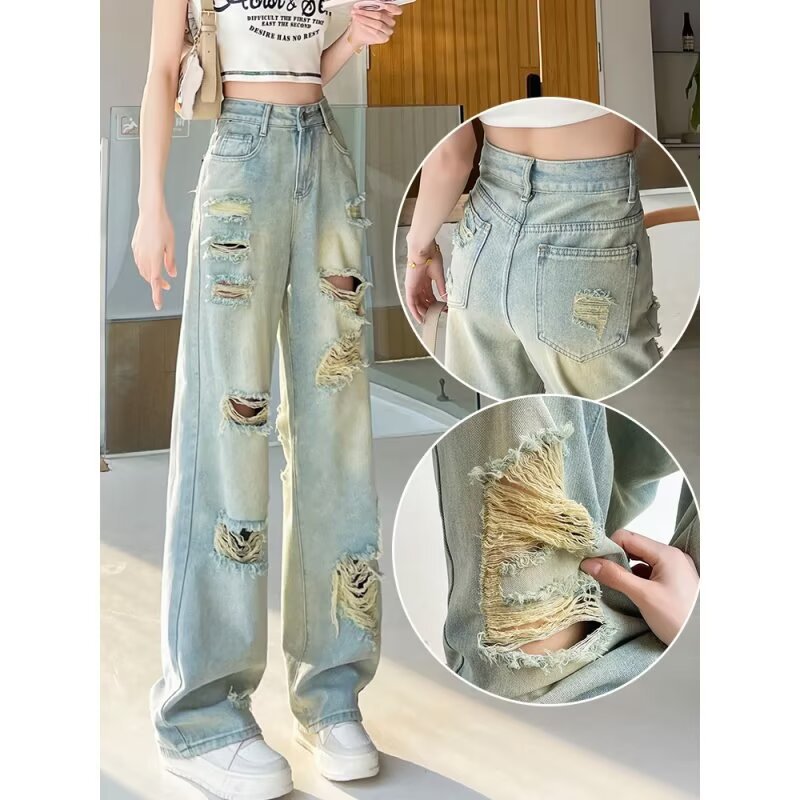 Women's Ripped Straight Leg Distressed Wide Leg Jeans