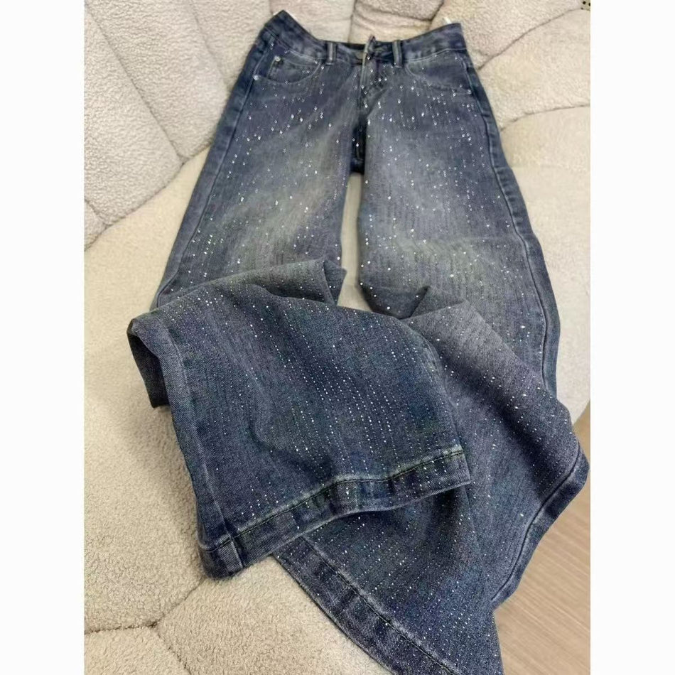 Women's High Waist Rhinestone Wide Leg Jeans