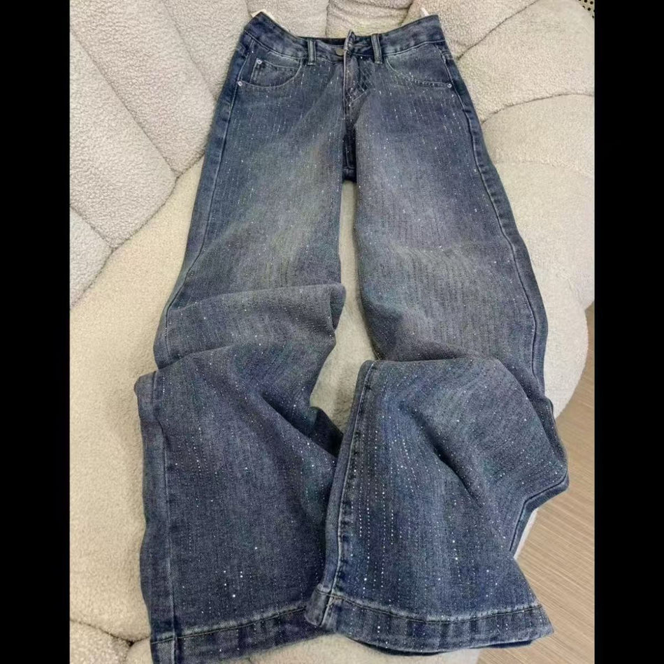 Women's High Waist Rhinestone Wide Leg Jeans
