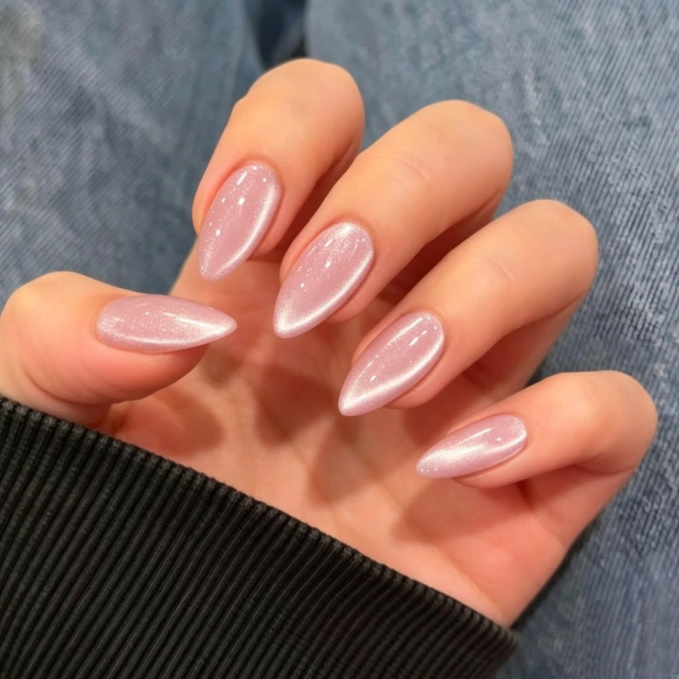 24-Piece Almond Press-On Nails with Crystal Cat Eye Design
