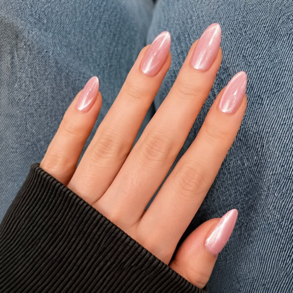 24-Piece Almond Press-On Nails with Crystal Cat Eye Design